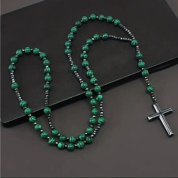 Green Malachite Hematite Round Beaded Cross Pendant Rosary Necklace New - Picture 1 of 7